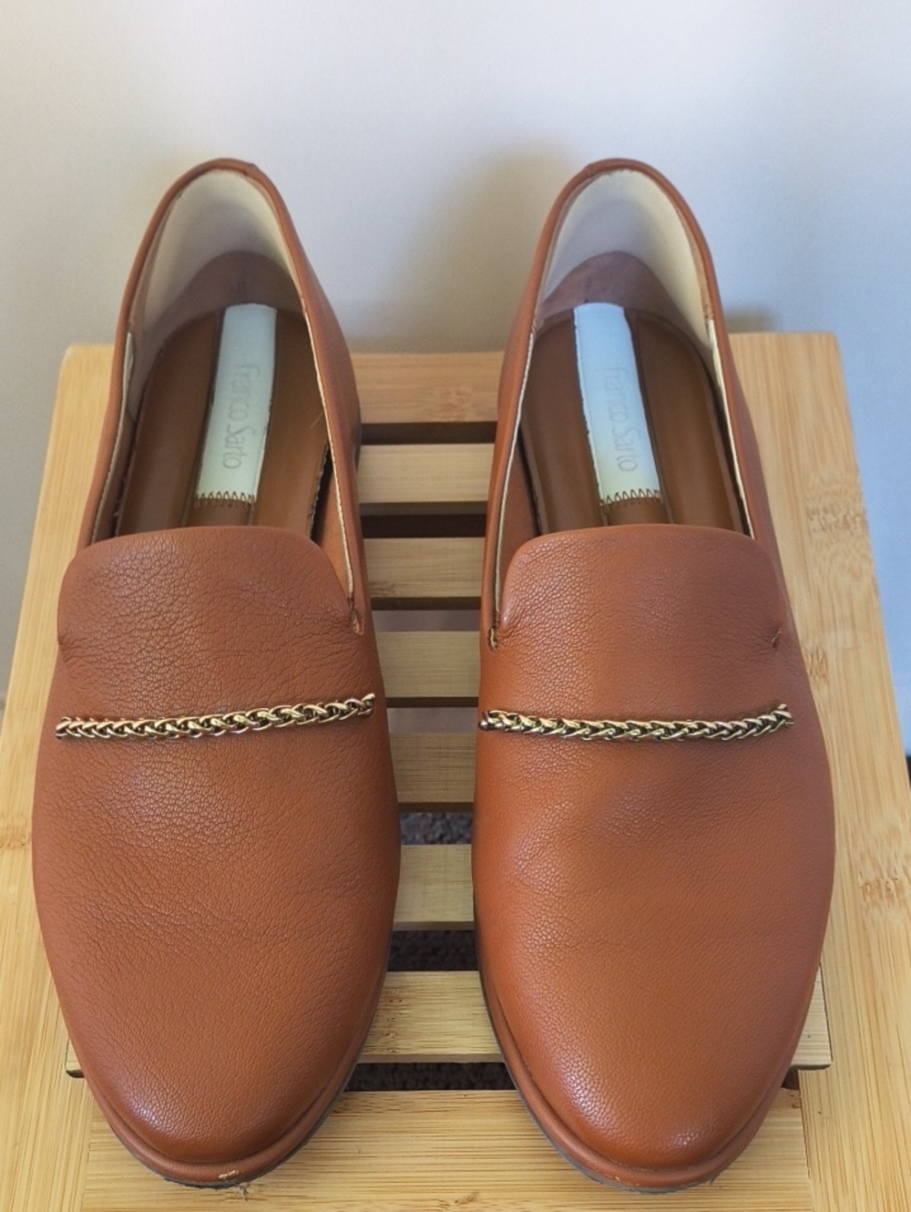 Franco Sarto Cognac Brown Loafers with Gold Chain Detail Like New Size US 9.5